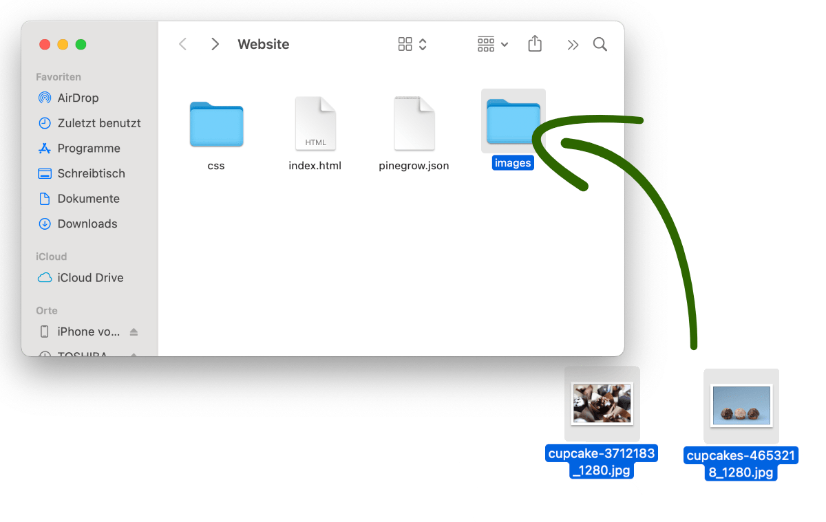 Drag images to the images folder in the website folder