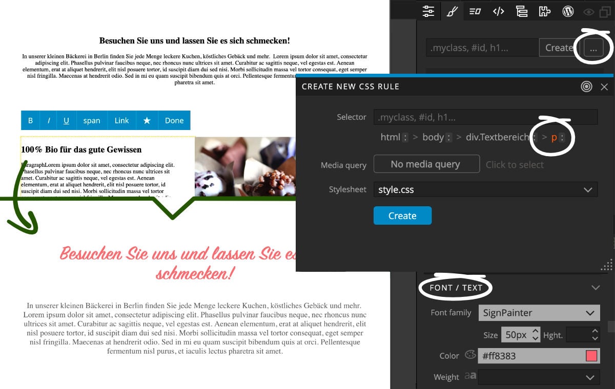 Schriftart, Schriftfarbe und mehr für alle Textfelder (p) auf der Website in Pinegrow ändern