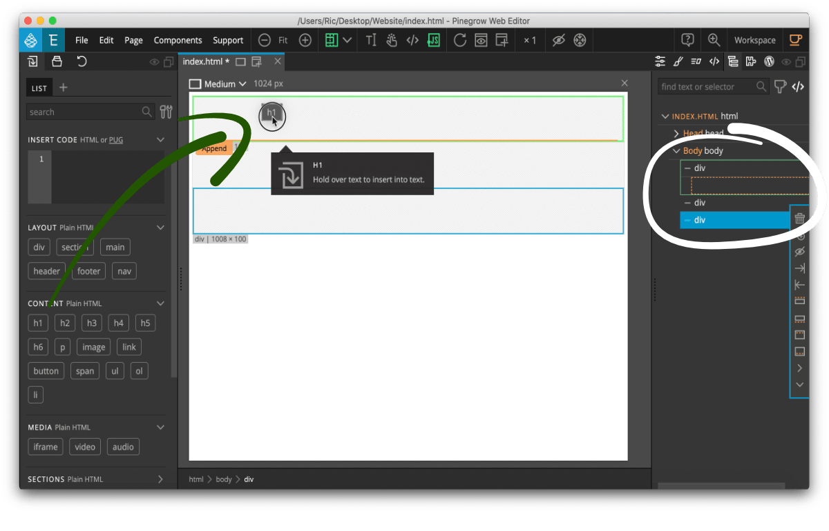Drag an H1 heading in Pinegrow to the website