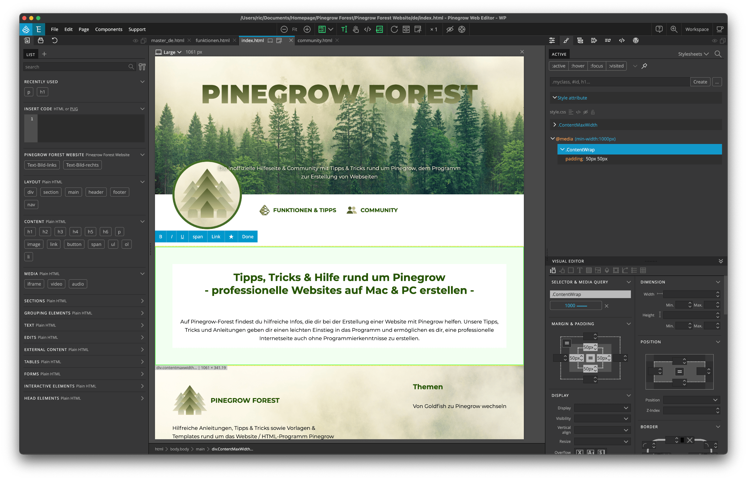 Pinegrow - The program for creating web pages for professionals with Pinegrow Forest project open