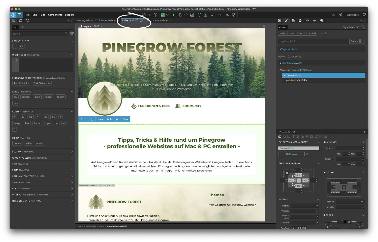 Pinegrow middle workspace: edit your website directly graphically - Pinegrow-Forest